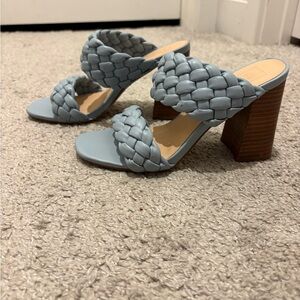 Elegant Braided Block Heel Sandals - Light Blue